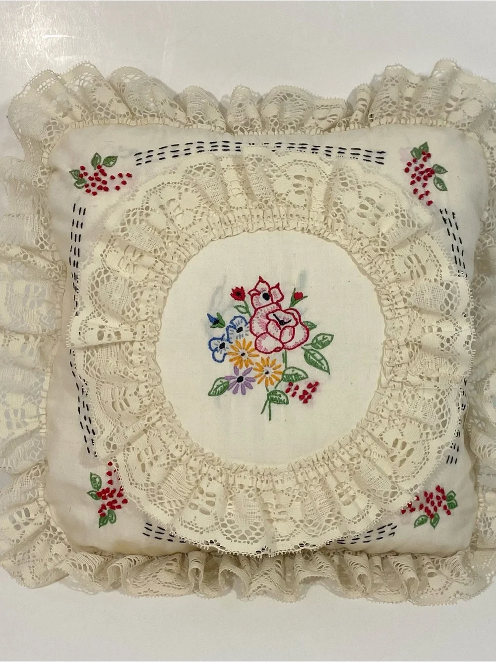 Vintage Hand-Embroidered Lace Decorative Throw Pillow - Cream with Floral Motif
